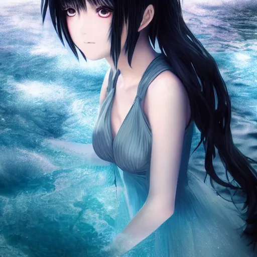 Image similar to advanced digital portrait painting photograph, a very beautiful anime girl wearing a dress made of water standing in a crystal lake turning into mist , full body, very long black hair, azure blue watery eyes, full round face, cinematic lighting, MCU, mid-shot, highly detailed, trending on artstation, Unreal Engine 4k, Stanley Artgerm Lau, WLOP, Rossdraws, James Jean, Andrei Riabovitchev, Marc Simonetti, and Sakimichan