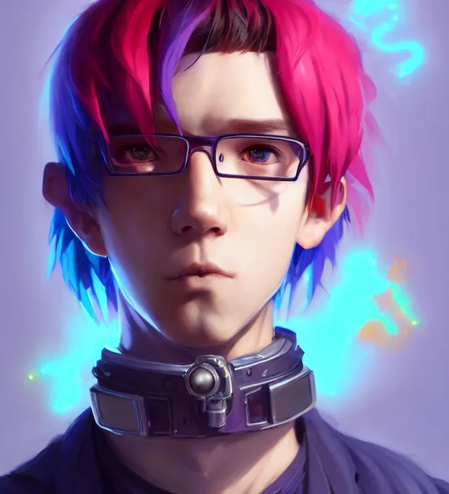 Image similar to character concept art of a cute young cyberpunk boy with colorful hair and collar | | cute - fine - face, pretty face, key visual, realistic shaded perfect face, fine details by stanley artgerm lau, wlop, rossdraws, james jean, andrei riabovitchev, marc simonetti, and sakimichan, trending on artstation