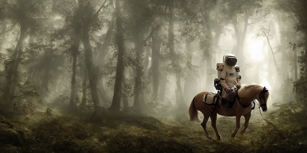 Image similar to an astronaut riding on the back of a white horse through a forest, a detailed matte painting by frieke janssens, featured on cgsociety, fantasy art, matte painting, reimagined by industrial light and magic, matte drawing