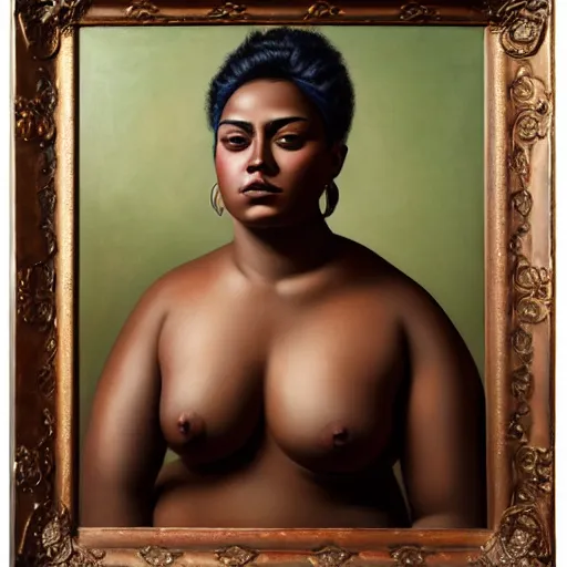 Image similar to A portrait of a strong and thick attractive non-binary person, dark tone skin, Mexican, oil painting, majestic, detailed, high resolution