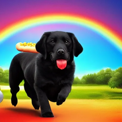 Image similar to adorable black lab chasing a hotdog across a rainbow, very detailed, 4 k, by disney