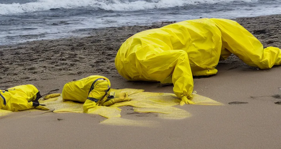 Image similar to Professional Photography, long shot, People in yellow chemical hazmat suits are investigating a huge creepy creature washed up on the beach.