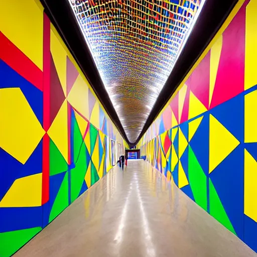 Prompt: wide shot, one! photorealistic rubber duck in foreground in cavernous museum, the walls are covered floor to ceiling with colorful tesselated geometric wall paintings in the style of sol lewitt, tall arched stone doorways, through the doorways are more mural paintings in the style of sol lewitt.