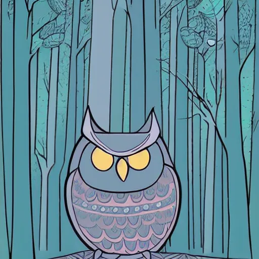 Image similar to a cartoon picture of an owl of athena!! in the woods, a storybook illustration by arabella rankin, behance contest winner, context art, storybook illustration, nightscape, digital illustration