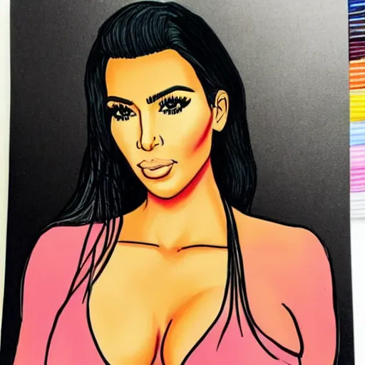 Prompt: Kim Kardashian coloring book picture, half-colored with wax crayon