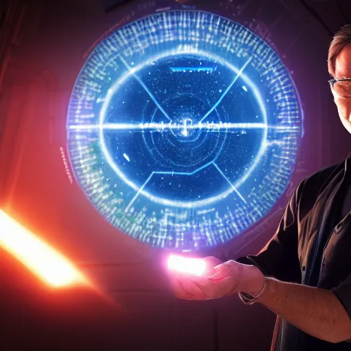 Prompt: bob lazar holding element 1 1 5, realistic artstyle, wide shot, dramatic lighting, octane render, hyperrealistic, high quality, highly detailed, hd, beautiful, cinematic, 8 k, unreal engine, facial accuracy, symmetrical