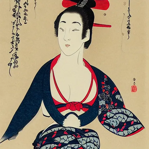 Image similar to Kaitlyn Michelle Siragusa, better known as Amouranth, full body portrait, by Katsushika Hokusai, by Haruyo Morita, by Ohara Koson