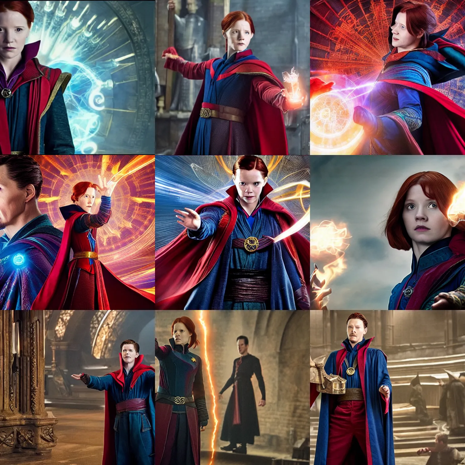 Prompt: Ginny Weasley as the Sorcerer Supreme, film still from \'Doctor Strange\'