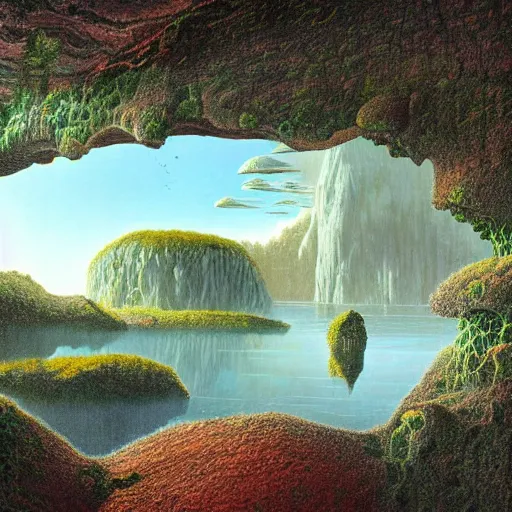 Image similar to artistic digital artwork of a lush natural scene on an alien planet. beautiful landscape by lurid ( 2 0 2 2 ), michael whelan, remedios varo, gerardo dottori. weird vegetation. cliffs and water. grainy and rough. interesting pastel colour palette. beautiful light. oil and water colour based on high quality render.