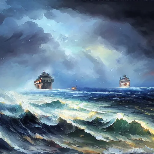 Prompt: A WW2 naval battle during a storm, Aenami Alena, Afremov Leonid