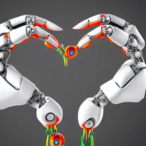 Prompt: robot's Heart-shaped fingers, two hang, Five fingers on the hand, a close up, white steel, white metal, colourful lighting, steel joint, Wires, Mechanisms, unreal engine 5, artstationHD, artstationHQ, 4k, 8k, 3d render, 3d Houdini, cinema 4d, octane,