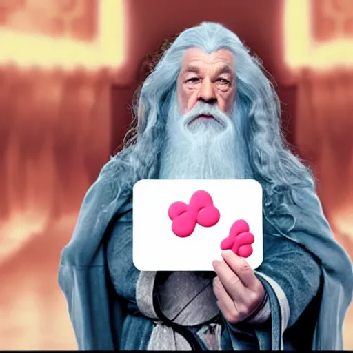 Image similar to portrait of gandalf, Hello Kitty hairdo, holding a blank playing card up to the camera, movie still from the lord of the rings