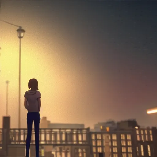 Prompt: max caulfield watching the luxurious city at night, realistic, cinematic