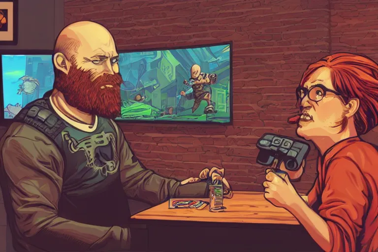 Prompt: a bald man with a big red beard playing video games by dan mumford and sandra chevrier, 4 k