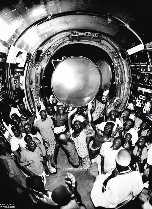 Prompt: analogue photo of an African tribal DJ and crowd on a spaceship, planet earth as seen from space in big porthole window, wide angle,