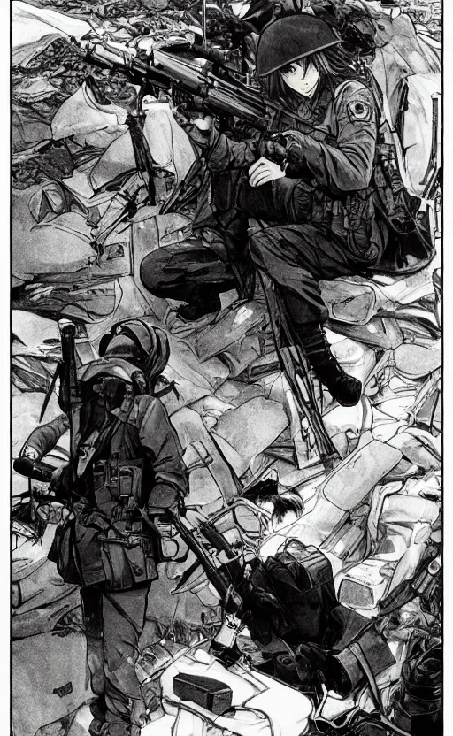 Image similar to manga style, from shonen jump, black inking, modern warfare, portrait of a girl under artillery fire, trench sandbags in background, soldier clothing, long hair, hair down, symmetrical facial features, comic page, trending pixiv, shadow patterns, by alphonse mucha, greg rutkowski, cushart kenz, sharp focus, backlit