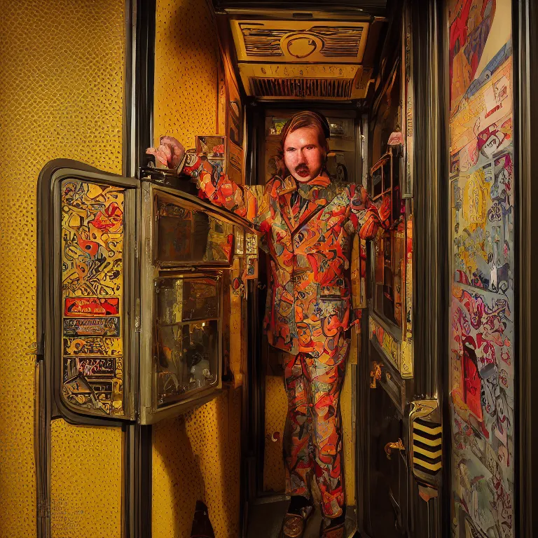 Image similar to vpgue octane render portrait by wayne barlow and carlo crivelli and glenn fabry, a sinister man in a bright colorful patterned pastel wes anderson elevator operator costume inside a dark and moody vintage elevator in a high - end exotic vintage boutique hotel, very short depth of field, bokeh