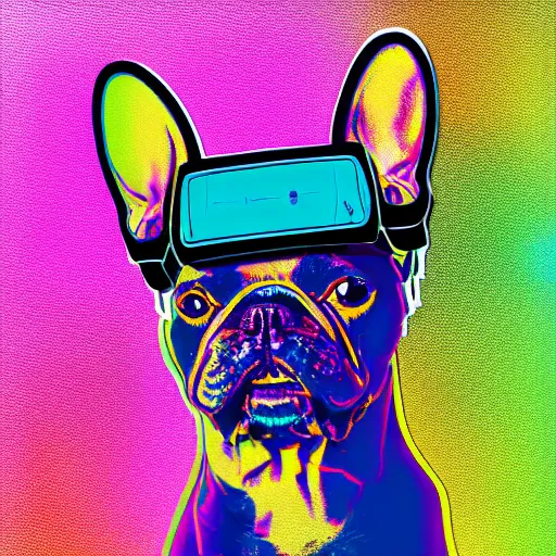 Prompt: illustration of cyberpunk french bulldog in vr helmet, colorful splatters, by andy warhol and by zac retz and by kezie demessance