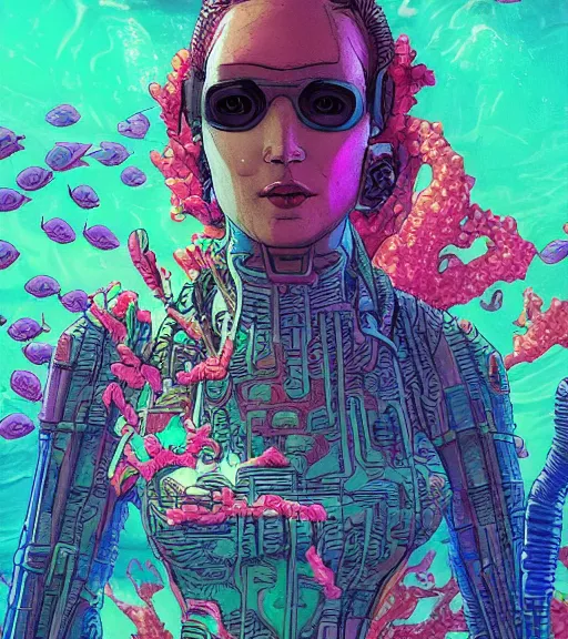 Prompt: a cyberpunk woman swims through a vibrant alien coral reef, Industrial Scifi, detailed illustration, character portrait, by Martin Grip and Moebius