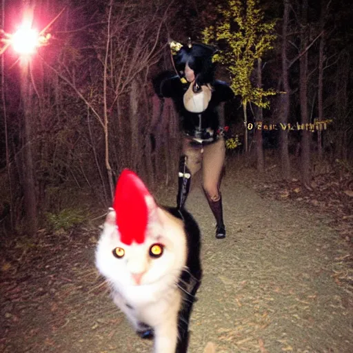 Prompt: cosplay catgirl caught on midnight trail cam