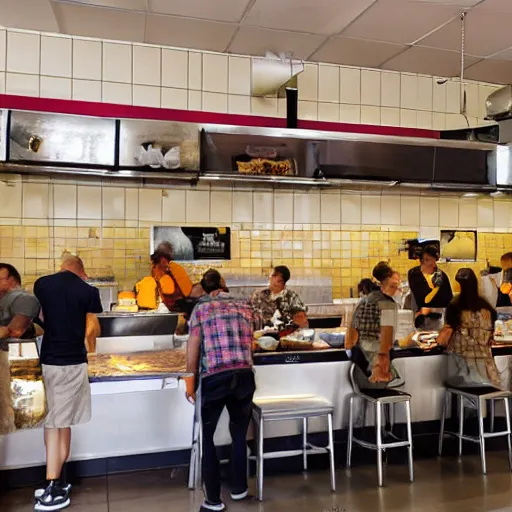 Image similar to busy wafflehouse interior with customers eating breakfast and wafflehouse employees serving food and cooking behind countertop