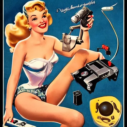 Prompt: a pin up girl holding a videogame controller, by Alberto Vargas, highly detailed and intricate