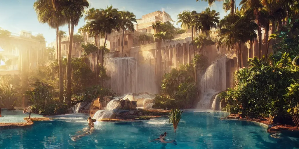 Image similar to beautiful pool waterfalls surrounded by palm trees, moroccan tile archways, industrial buildings, ivory towers, sun setting, ross tran, fantasy, james jean, peter morbacher, angelarium, alchemy, luxury, heavenly light, soft illumination, trending on artstation, cinematic lighting, digital painting, octane render, artgerm