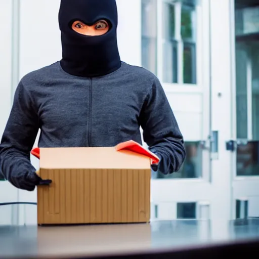 Image similar to Stock photo of a human burglar wearing a ski mask using a pizza box like a laptop, funny, bizzare