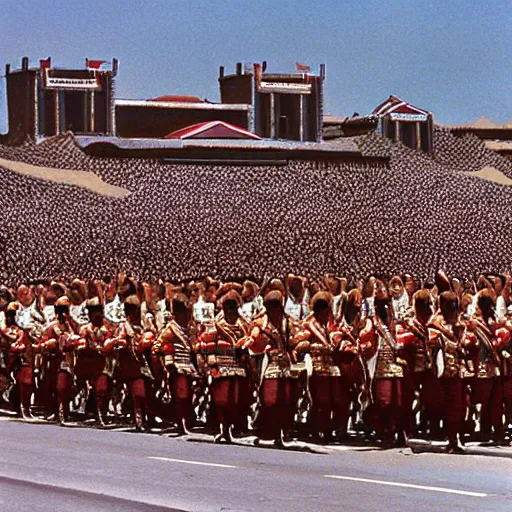 Prompt: Alternate history, Mongol Empire, Ulaanbaatar 1987, Mongol Empire military parade, photograph, 1980s