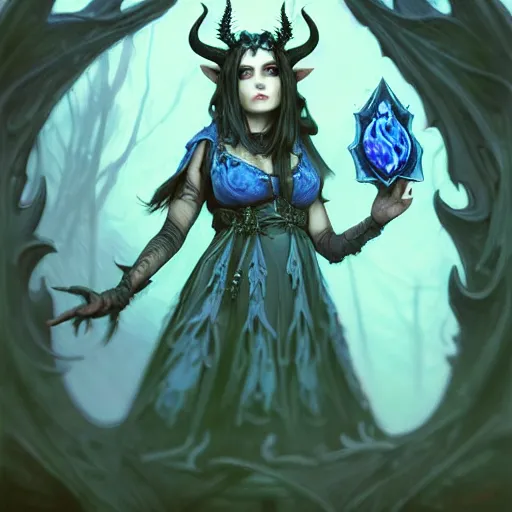 Image similar to wide angle, necromancer tiefling, blue dress, 2 jeweled horns, focused, forest, female, d & d, fantasy, intricate, elegant, highly detailed, long black hair, digital painting, artstation, octane render, concept art, matte, sharp focus, illustration, hearthstone, art by artgerm, alphonse mucha johannes voss