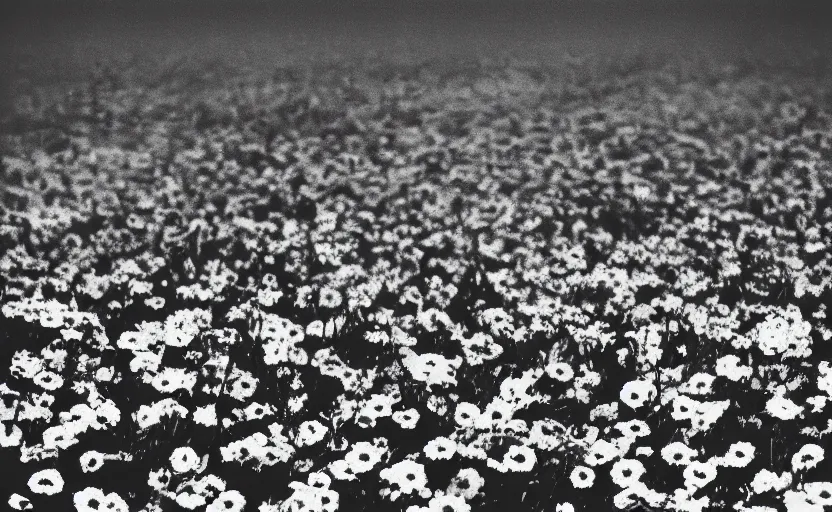 Prompt: black box on the field flowers, by Helmut Newton, mist, lomography photo effect, monochrome, 35 mm