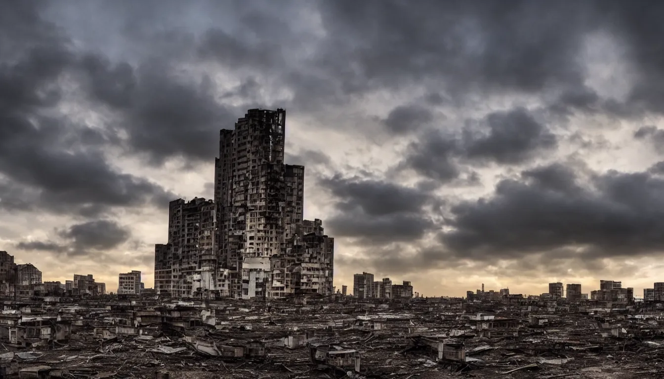 Image similar to A decaying high-tech city, sparse signs of human activity. Day break. Dramatic sky. 4K.