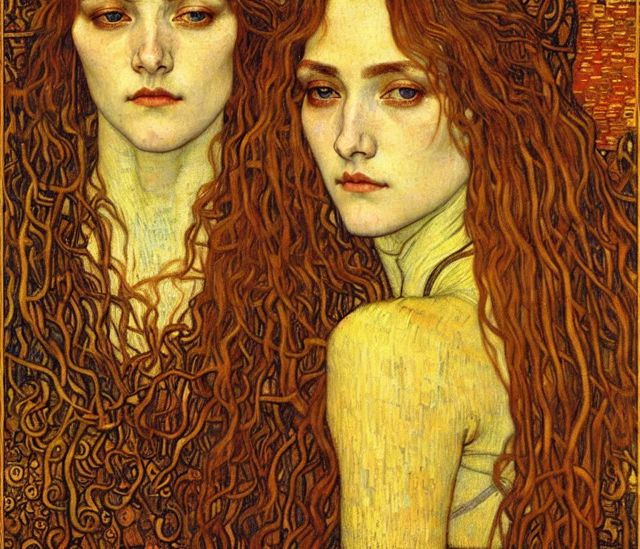 Image similar to detailed realistic beautiful young medieval queen face portrait by jean delville, gustav klimt and vincent van gogh, art nouveau, symbolist, visionary, gothic, pre - raphaelite, muted earthy colors, desaturated