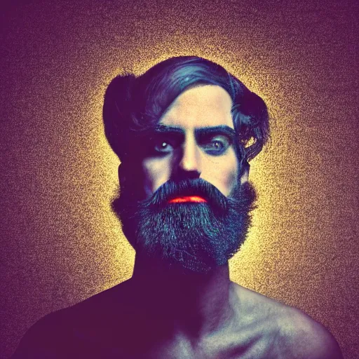 Image similar to man with blue beard, mysterious, dimly lit, dslr photography