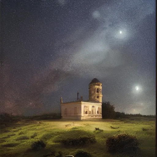 Prompt: an abandoned mansion with top observatory on a hill at night with stars, by lee madgwick and bastien lecouffe