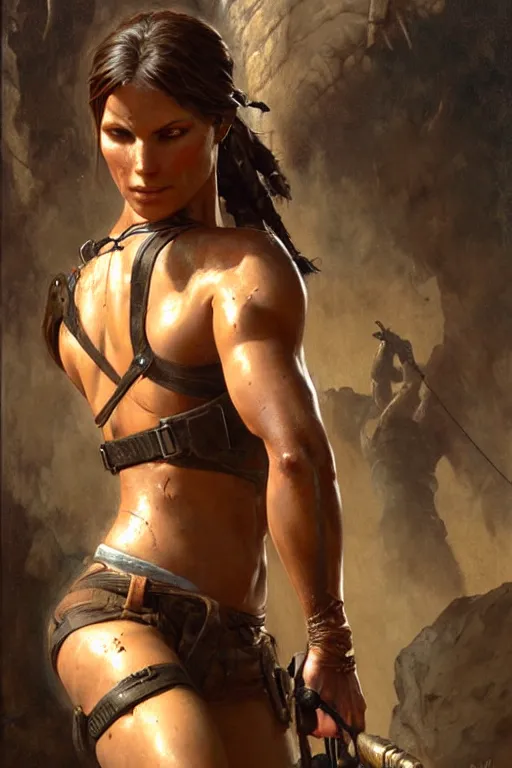 Image similar to muscular sweat lara croft, covers with mud exhausted face close up, highly detailed painting by gaston bussiere, craig mullins, j. c. leyendecker 8 k