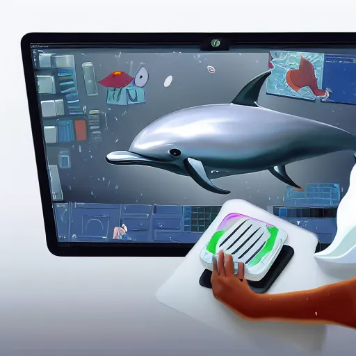 Image similar to An anthropomorphic grey dolphin wearing a white lab-coat and playing games on a computer, digital painting, close-up