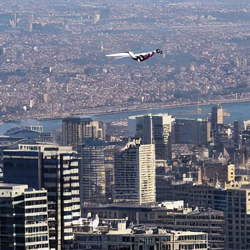 Prompt: huge ugly old man flying above the city