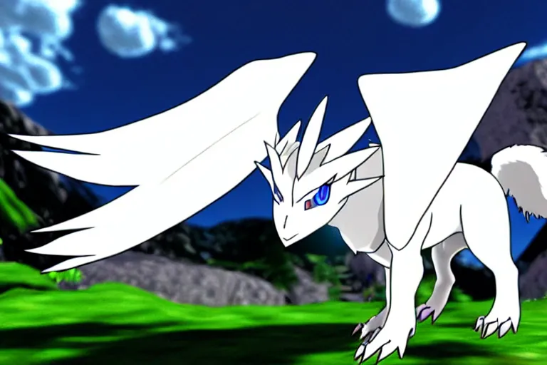 Prompt: a white feathered wolf with a bladed horn and tail. a photo of absol in the style of a pokemon snap screenshot.