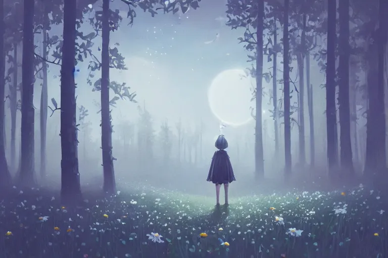 Image similar to giant white daisy flower head, girl walking in dark forest, surreal photography, dark night, stars, moon light, impressionist painting, clouds, digital painting, artstation, simon stalenhag