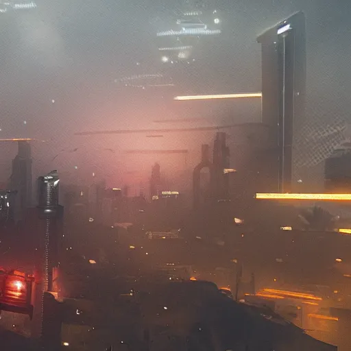 Image similar to a hyperdetailed photograph of iron man flying through the skies of a cyberpunk, futuristic city, night, dense fog, rain, hd, 8 k resolution