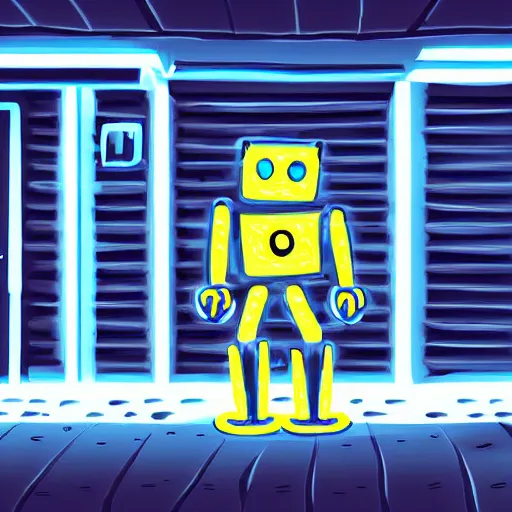 Prompt: a sad robot in a street of a post apocalyptic city, digital art, neon colors