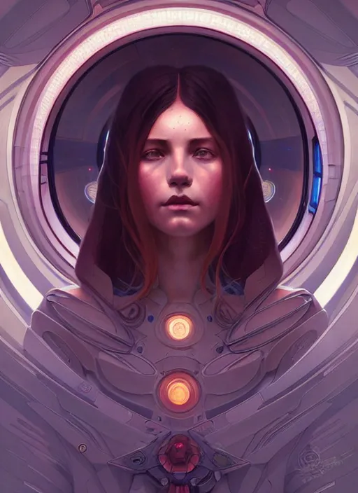 Image similar to symmetry, girl in a spaceship intricate, elegant, highly detailed, digital painting, artstation, concept art, smooth, sharp focus, illustration, art by artgerm and greg rutkowski and alphonse mucha