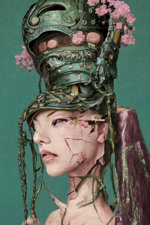 Image similar to portrait of beautiful young mainem, warhammer, japaneese style, cyber armor, a lot of more scars, more and more flowers, green head, the middle ages, highly detailed, artstation, illustration, art by rene magritte, 8 k quality