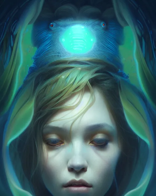 Prompt: one singular portrait of a sad bioluminescent creature, highly detailed, digital painting, cinematic, hyper realism, dark retrowave, art by stanley lau and artgerm and magali villeneuve and alphonse mucha, artstation, octane render, cgsociety