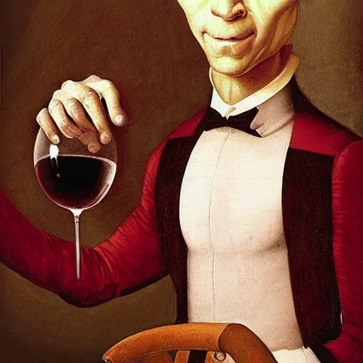 Image similar to portrait painting of the groot as a gentleman wearing tuxedo drinking wine, style by leonardo da vinci, masterpiece, artwork