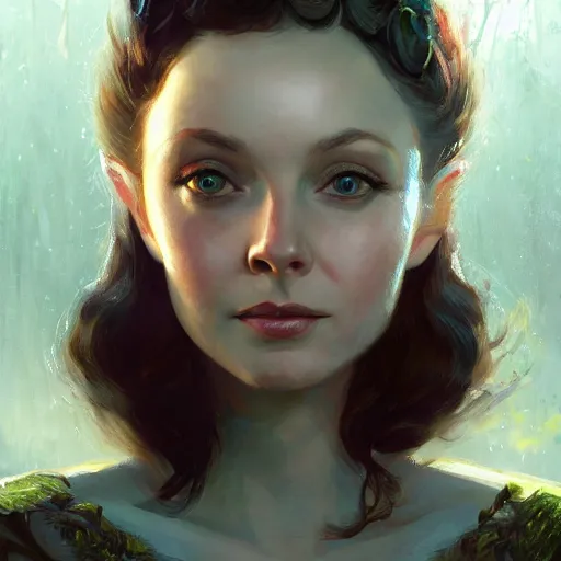 Image similar to closeup portrait of a young vivian leigh, forest background, elf ears, megacity, high fantasy, gorgeous view, depth, high detail, digital art, painted by greg rutkowski, trending on artstation