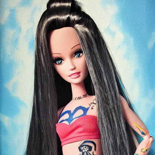 Prompt: barbie with tattoos and torn clothes. painting by stanley lau dramatic lighting