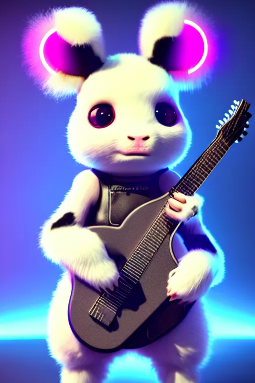 Image similar to high quality 3 d render very cute fluffy! cyborg cow plays guitar, cyberpunk highly detailed, unreal engine cinematic smooth, in the style of blade runner & detective pikachu, hannah yata charlie immer, moody light, low angle, uhd 8 k, sharp focus