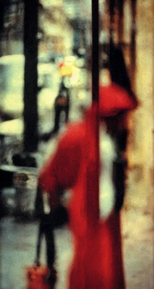 Prompt: portrait, blurry, street photography by saul leiter, red, pale